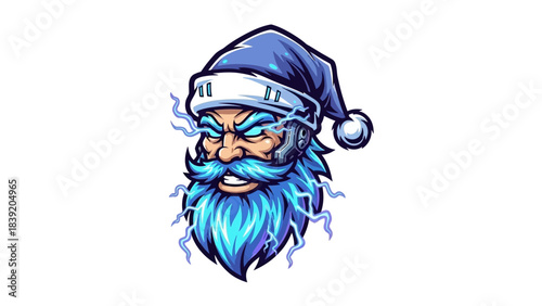 A cartoonish head mascot with a blue Santa hat and matching beard and glowing blue eyes against a clean white background with a playful and festive mood.