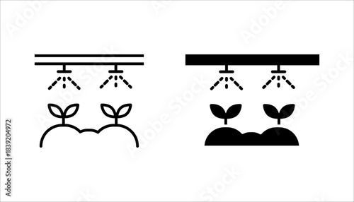 Automatic Plant Irrigation Icon set. Minimal black irrigation icon showing overhead sprayers watering growing plant seedlings. Represents smart farming, agriculture technology, hydroponics, 