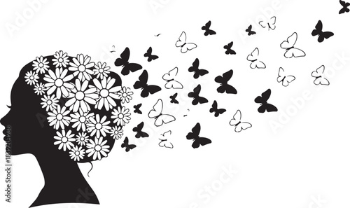 Butterfly Mind – Woman Silhouette with Flowing Butterflies