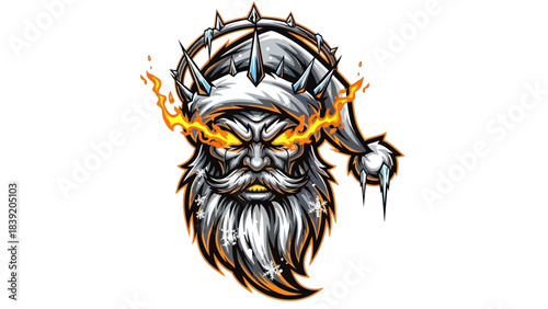 A grayscale illustration of a fierce head mascot with a spiked headband and fiery orange eyes, set against a clean white background with a bold and edgy composition.