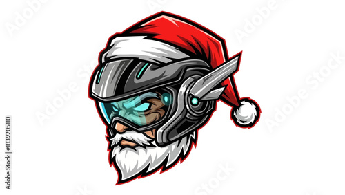 A cartoon head mascot wearing a futuristic helmet and a Santa hat with a white background.