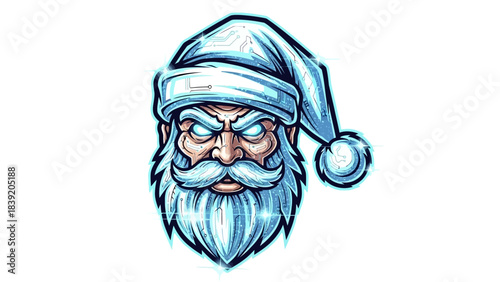 A cartoonish illustration of a grumpy Santa Claus head mascot wearing a blue Santa hat on a white background with a bold, graphic style and dominant blue tones.