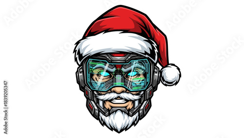 A cartoon head mascot wearing a Santa hat and futuristic VR goggles on a white background with a festive and tech-savvy mood.