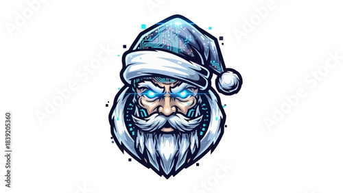 A cartoonish illustration of a menacing Santa Claus head mascot with glowing blue eyes and a fur-trimmed hat against a plain white background with a dark comedic tone.