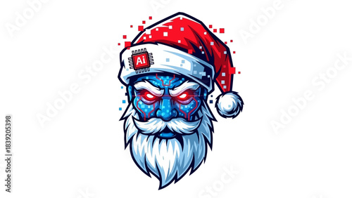 A cartoonish head mascot with glowing red eyes wearing a Santa hat on a white background with a festive touch.