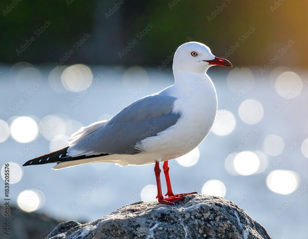 Obraz premium A detailed photograph of a bird standing on a rock. Its white head and grey wings contrast with its vibrant red beak and legs. Bright bokeh is in the background