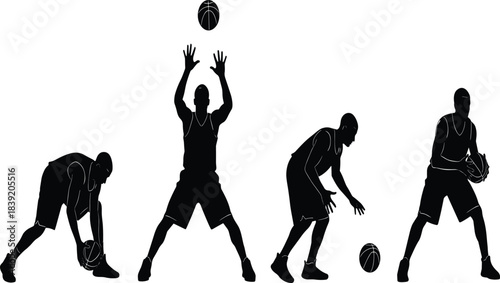 Basketball player silhouettes practicing dribbling catching and training movements sports vector illustration for athletic projects fitness designs artwork and graphics