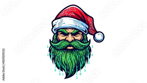 A cartoon head mascot with a green beard and mustache wearing a Santa hat on a white background with a festive and humorous mood.