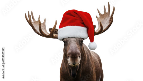 Festive Moose Wearing a Red and White Santa Hat, Holiday Animal Portrait isolated PNG with Transparent Background