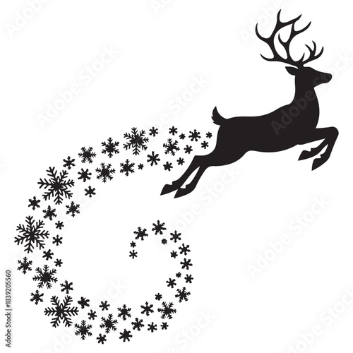 Black silhouette of reindeer jumping with snowflakes antlers
