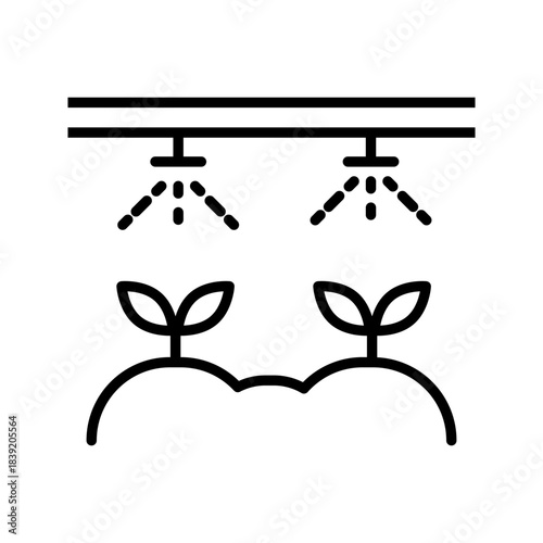Automatic Plant Irrigation Icon Minimal black irrigation icon showing overhead sprayers watering growing plant seedlings. Represents smart farming, agriculture technology, hydroponics, greenhouse irri