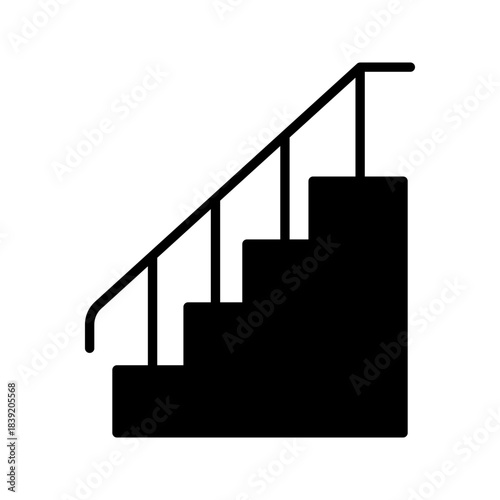 stairs_iconA bold black silhouette icon of ascending stairs with a handrail, representing elevation, levels, steps, architecture, and upward movement.
