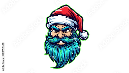A cartoonish head mascot of Santa Claus with a vibrant blue beard and mustache, wearing a red Santa hat with white trim, against a clean white background with a bold green outline.