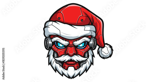 A cartoonish illustration of a menacing Santa Claus head mascot wearing a red hat on a plain white background.