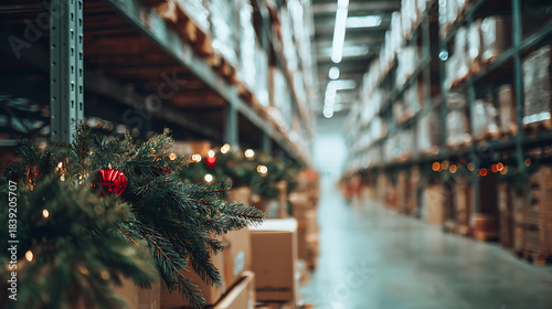 Festive fulfillment center aisle, holiday decorations on shelves, bokeh lights brighten warehouse. Logistics with seasonal cheer, ready for peak shipping season.