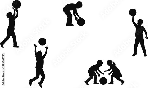 Children playing with balls silhouette kids games activity vector boy girl sports practice bouncing throwing catching playful figures graphic design illustration