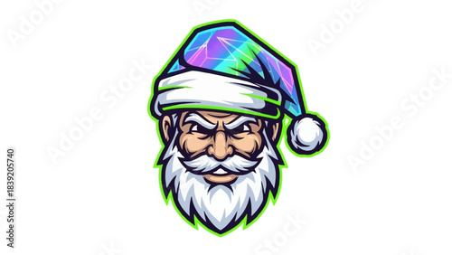A cartoon head mascot with a menacing expression wearing a colorful Santa hat on a plain white background with bold lines and vibrant colors.
