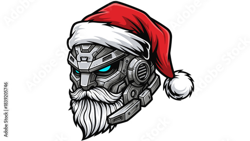 A robotic head mascot wearing a Santa hat with a white pom-pom on a plain white background, showcasing a metallic face with glowing blue eyes and a long white beard.