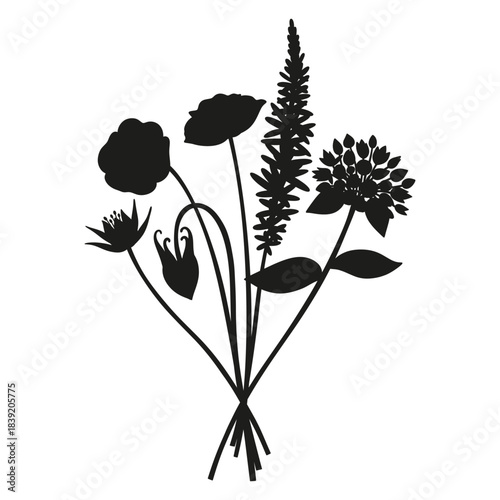 Wildflowers silhouette bouquet. Hand-drawn pansies, aquilegia, inflorescence meadow flowers, herbs, and wild plants. Botanical elements for design projects. Minimal style, vector illustration
