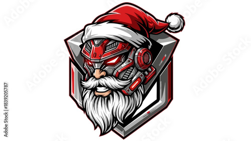 Illustration of a robotic Santa Claus head mascot wearing a red Santa hat and metallic gear design on a white background with a futuristic and festive mood.