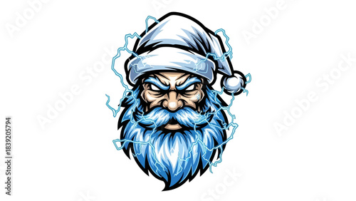 A cartoon illustration of a fierce blue Santa Claus head mascot with a beard and hat on a white background.