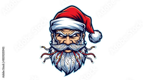 A cartoon illustration of a menacing Santa Claus head mascot with a red hat and white trim on a plain white background.