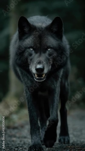 Black wolf walks through dark forest capturing its environment with focused eyes and powerful presence