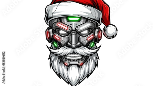 A futuristic robotic head mascot wearing a Santa hat with a metallic face and glowing green eyes on a white background.