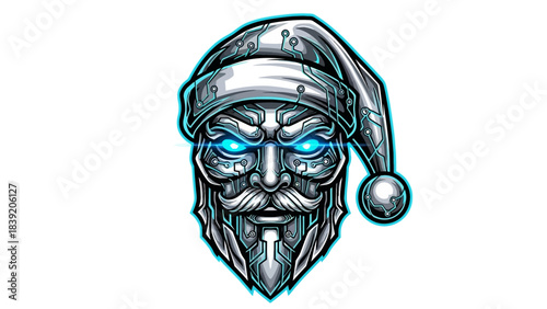 Digital illustration of a silver robotic head mascot wearing a Santa hat with glowing blue eyes on a white background.