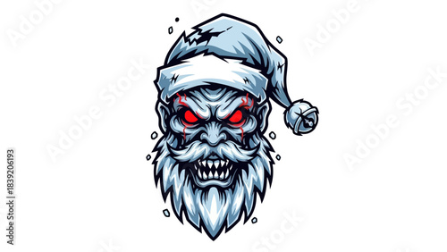 A cartoon zombie head mascot wearing a Santa hat with red eyes on a white background.