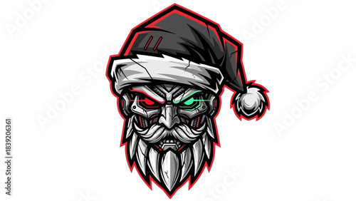 A cartoonish head mascot with a menacing expression wearing a Santa hat on a white background with a bold red outline.