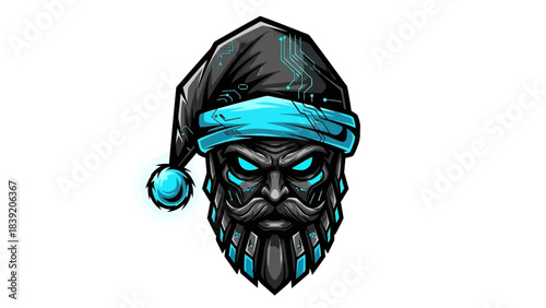 A digital illustration of a black skull head mascot wearing a Santa hat with blue trim and pom-pom on a white background.