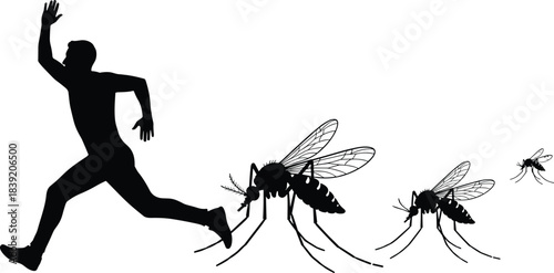Silhouette of man running from giant mosquitoes humorous insect chase vector illustration for pest control concepts designs graphics and creative artwork