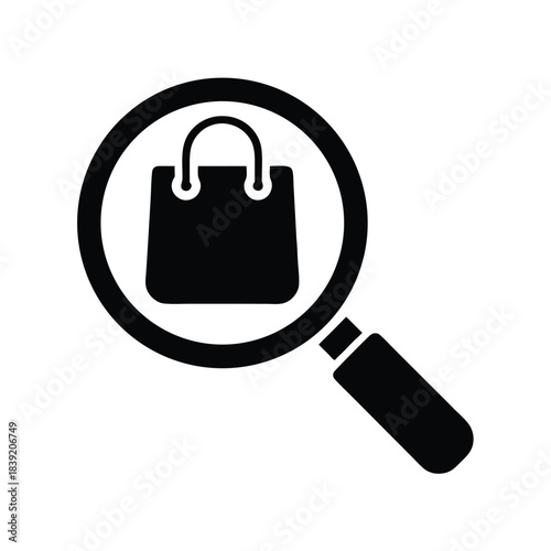 Magnifying glass highlighting shopping bag icon represents searching for deals on items