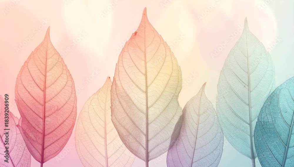 Obraz premium Close-up of several delicate leaves with visible veins against a pastel, blurred background