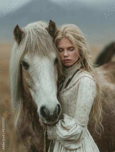 Young woman in white dress poses with horse in a serene field during cloudy day, showcasing a deep connection with nature and animals