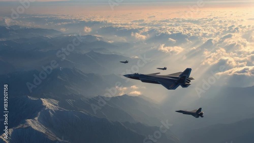 Military aircraft perform agile maneuvers over mountain range during late afternoon light