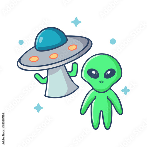 Cute green alien and flying saucer in space