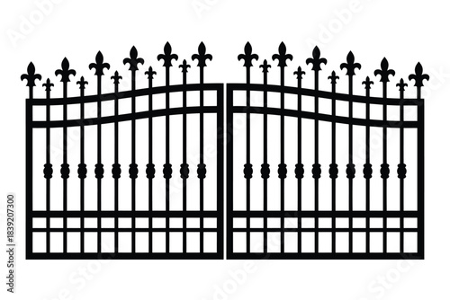 Black silhouette of an ornate wrought iron double gate with decorative fleur-de-lis finials