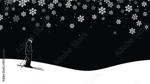Winter skiing silhouette scene with snowfall snowflakes night landscape skier illustration cold weather sport background seasonal outdoor graphic design vector