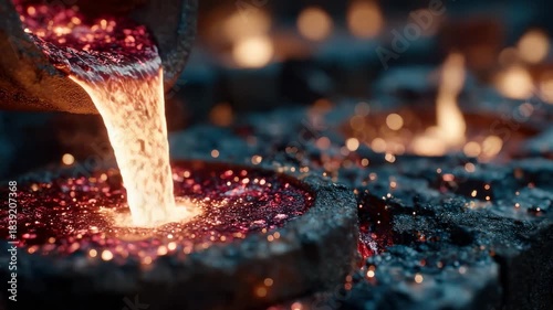 Pouring molten metal in a forge at night with bright sparks flying in the air