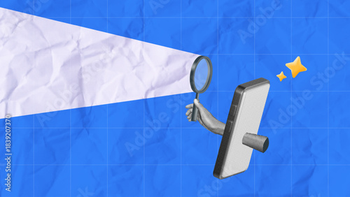 Halftone collage Hand Penetrates smartphone screen with magnifying glass, shines spotlight to find information. for online search, apps, and investigative tools