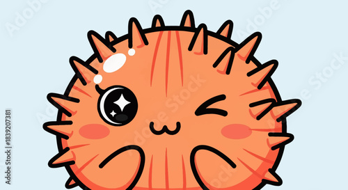 Adorable cartoon pufferfish with spiky exterior and charming facial expression, winking playfully.