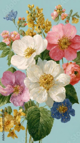 Bright and colorful arrangement of various flowers in a detailed artistic style against a light blue background showcasing spring's beauty