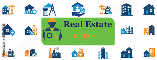 Real Estate, Building and Construction Icon Pack. Two Color Solid Vector Design of House, Apartment, Architecture, Agent and Renovation Tools for UI Layout.