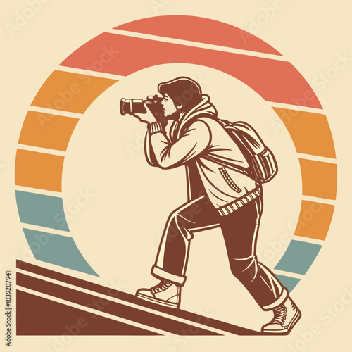 Retro photographer capturing the moment with vintage sunset vibes