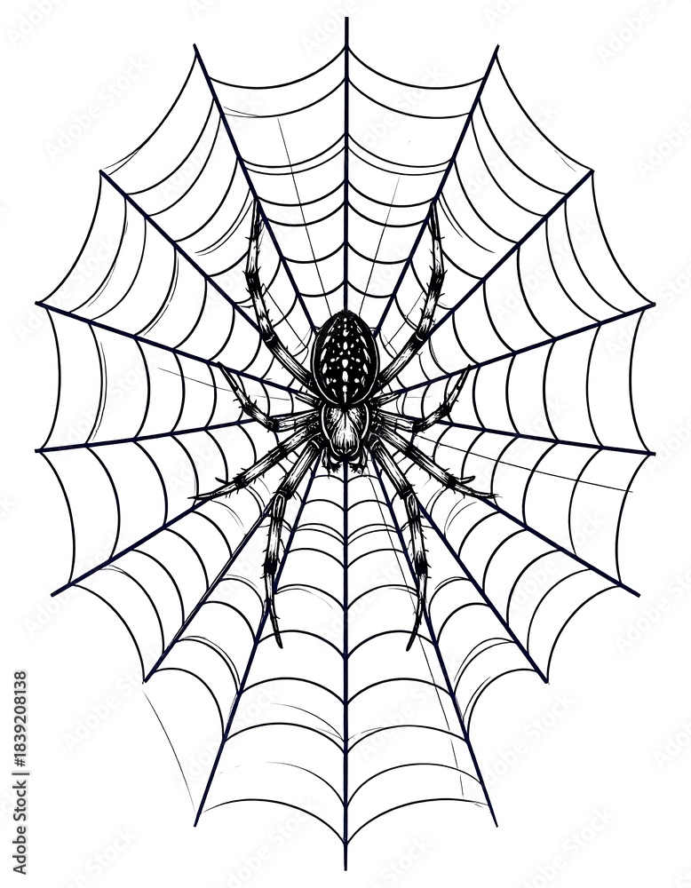 Obraz premium A detailed illustration of a spider centered within its web, constructed with radiating lines against a white background