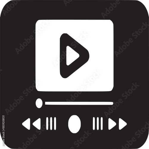 A black and white graphic of a video player with a play button and other controls shown below it