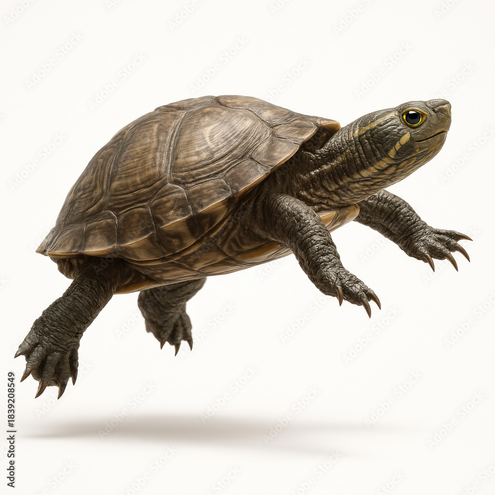 Obraz premium Jumping turtle with detailed shell and claws isolated on white background, showing dynamic motion and natural texture in mid air
