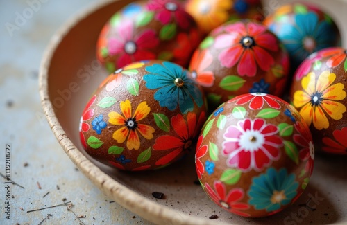 Hand-painted eggs arranged in a ceramic bowl with colorful floral motifs